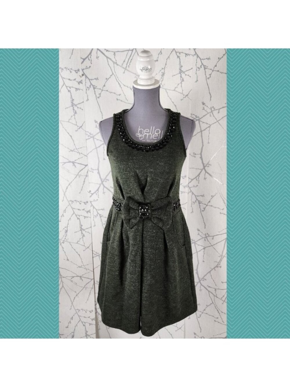Yumi Dark Green Beaded Bow Front Fit & Flare Dress
